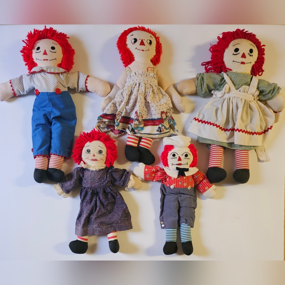 Vintage 1960s Lot of 5 Raggedy Ann Dolls 19" to 16"